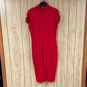 Cache Red Midi Dress with Ruffled Sleeves